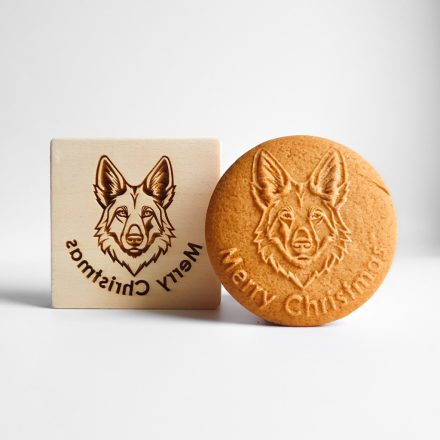 Németjuhász fej mintás fa sütipecsét és belőle készült mézeskalács, spekulatius